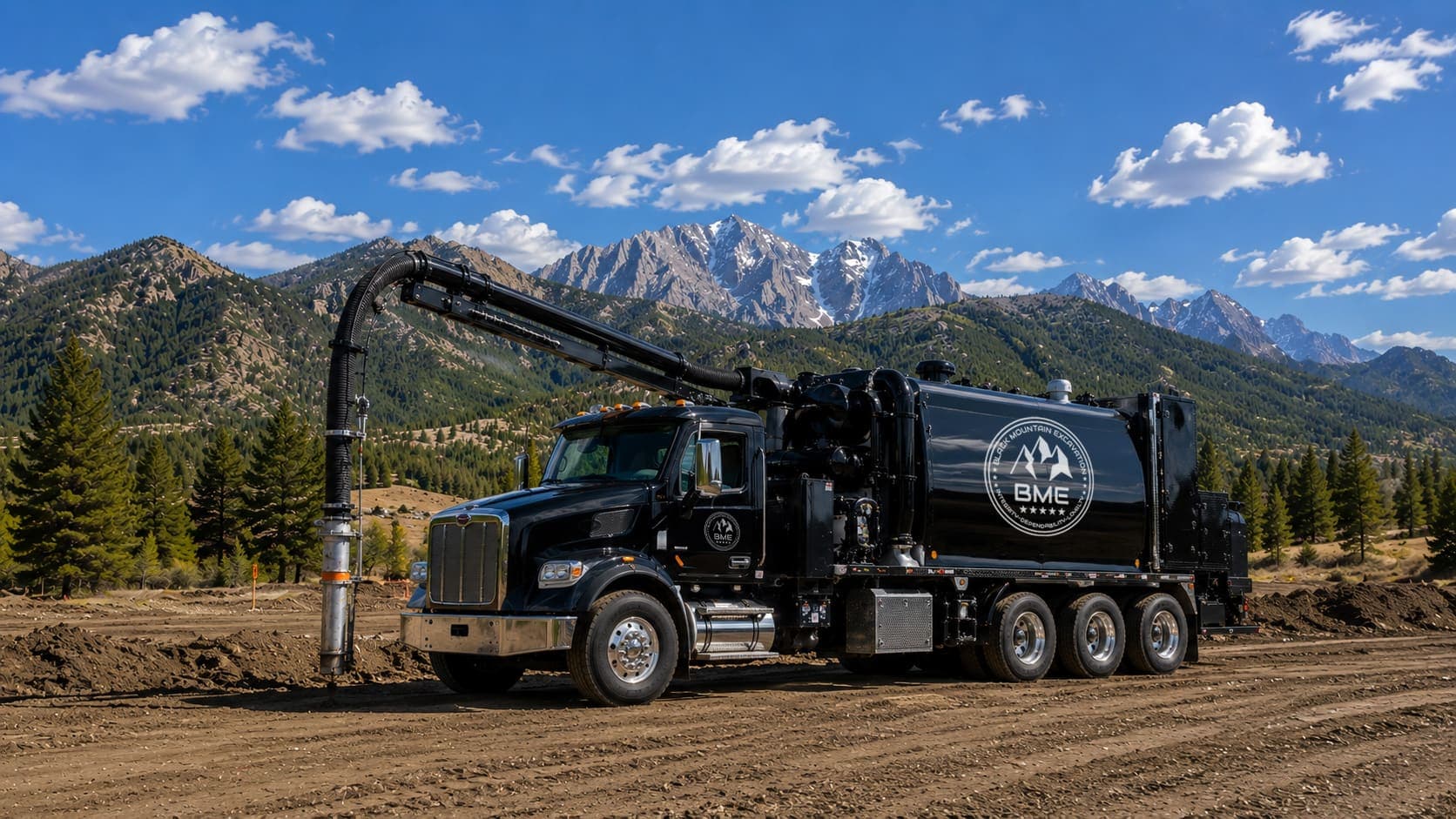 Black BME hydro-excavation truck with mountains in the background
