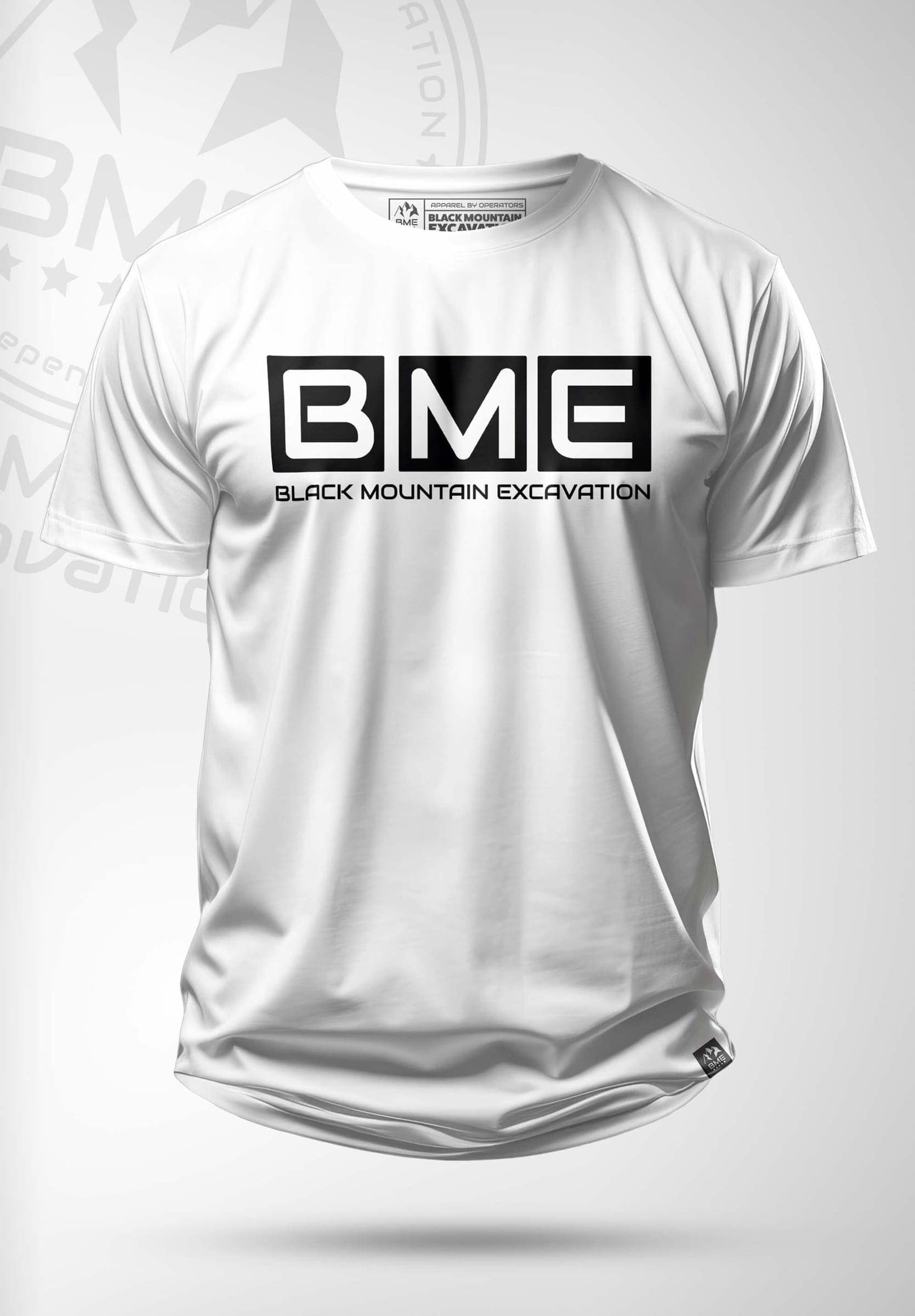 White t-shirt with the black BME block logo