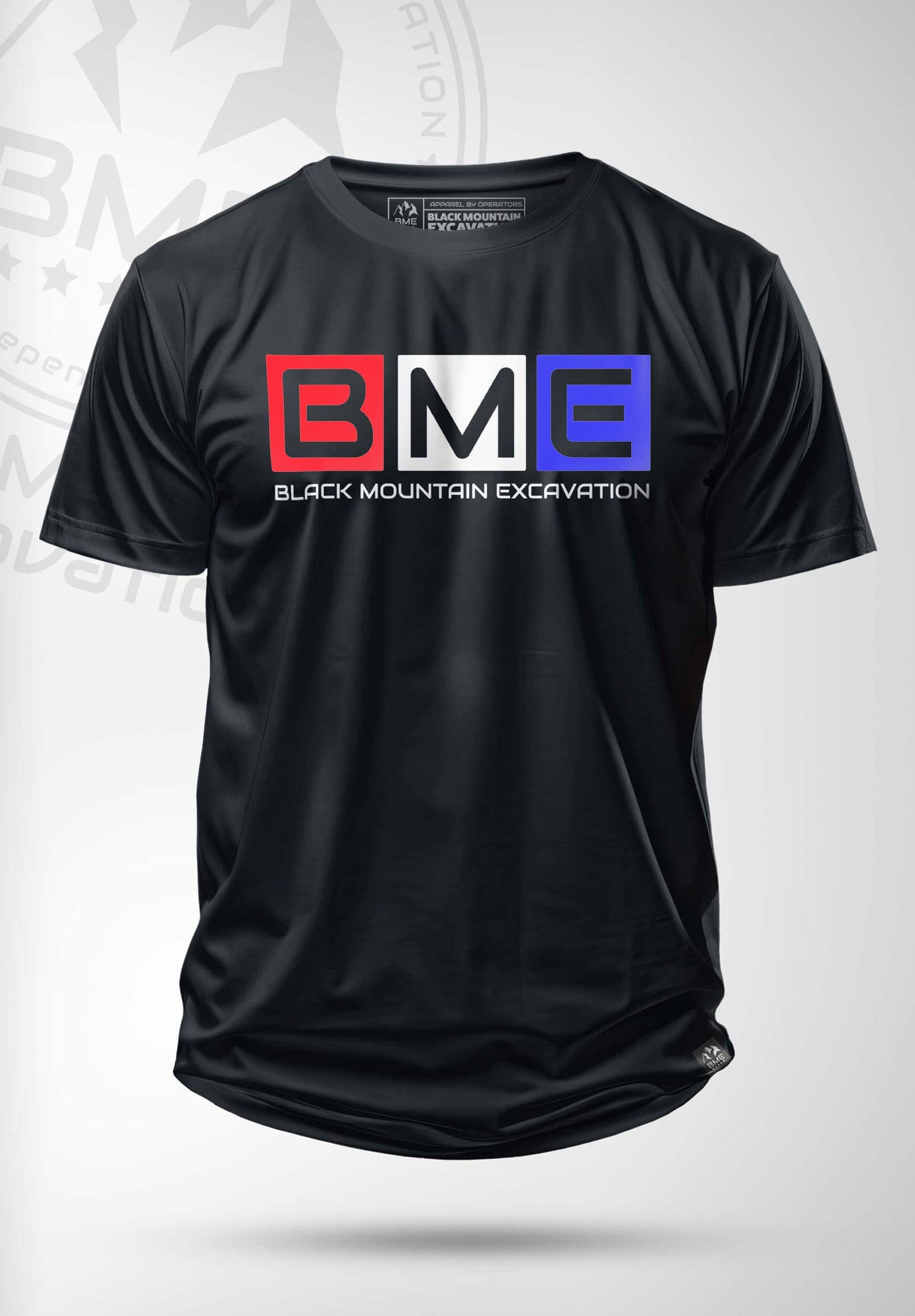 Black t-shirt with a red, white, and blue BME block logo