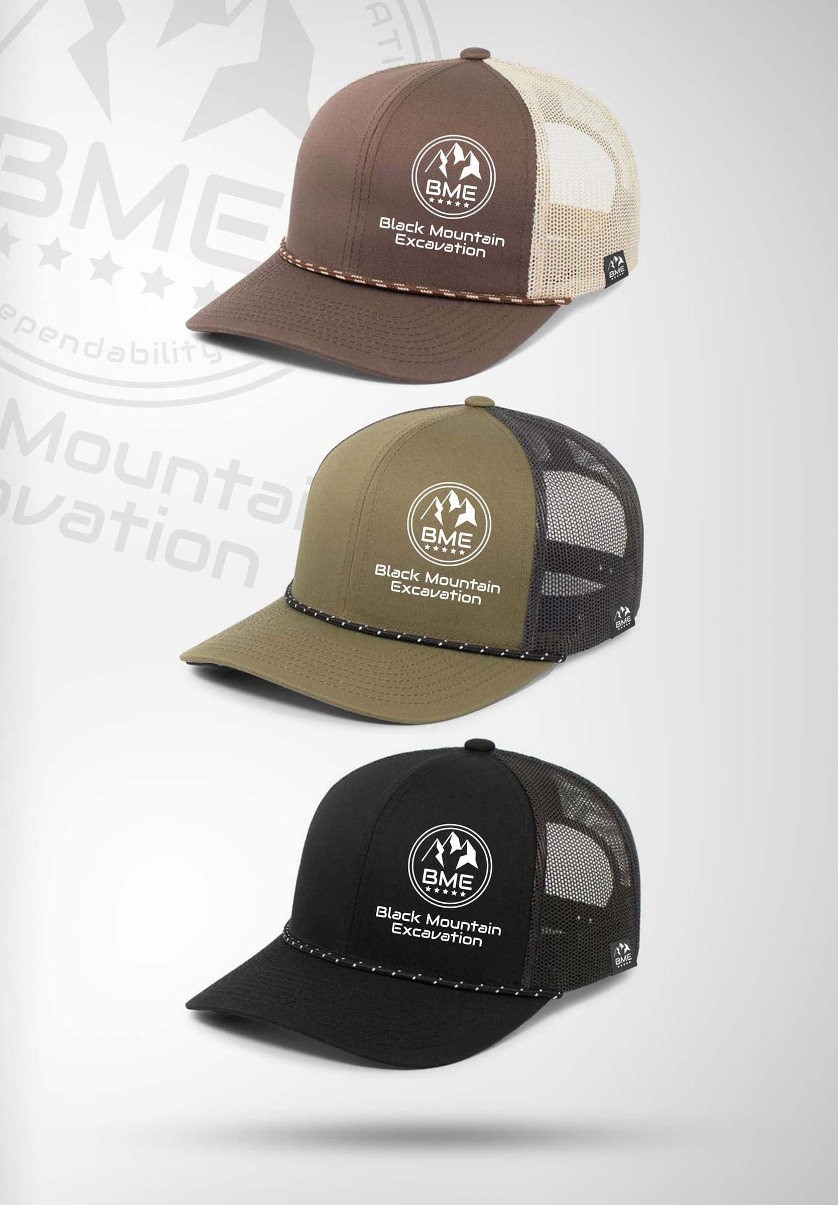 Three trucker hats in brown, olive, and black with the BME seal patch