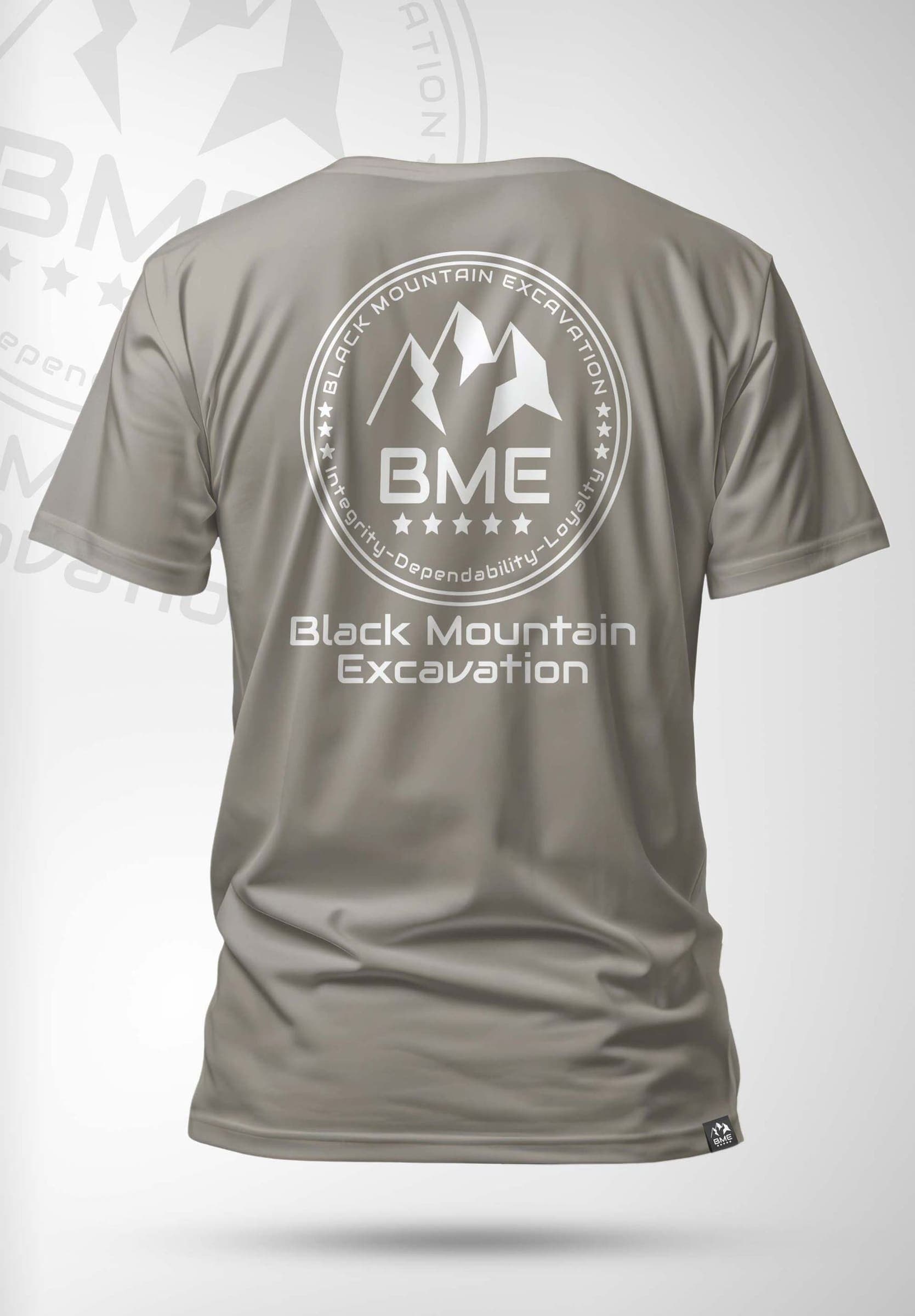 Tan t-shirt with the white BME seal logo on the back