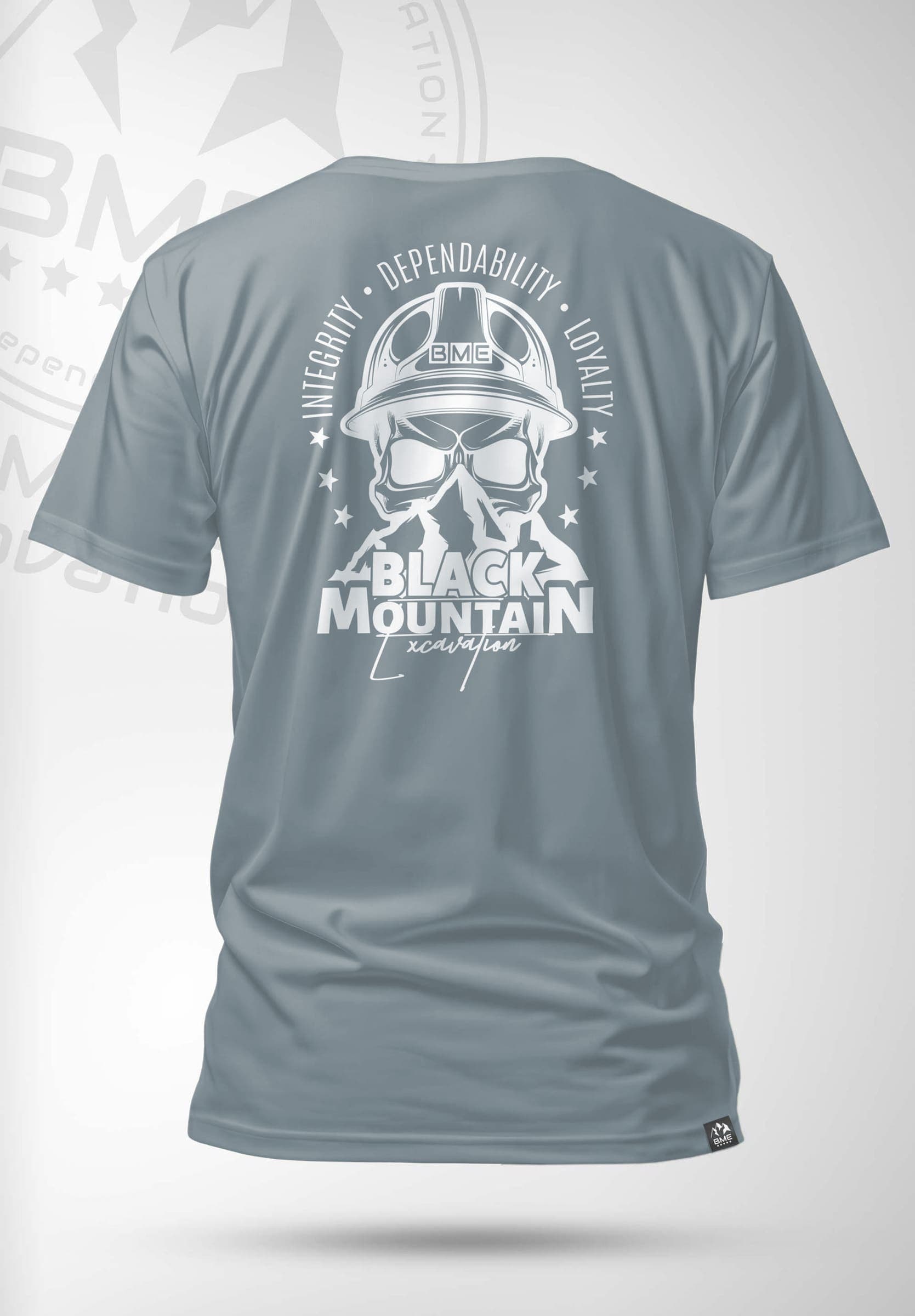 Gray-blue t-shirt with a skull in a hard hat and Black Mountain lettering