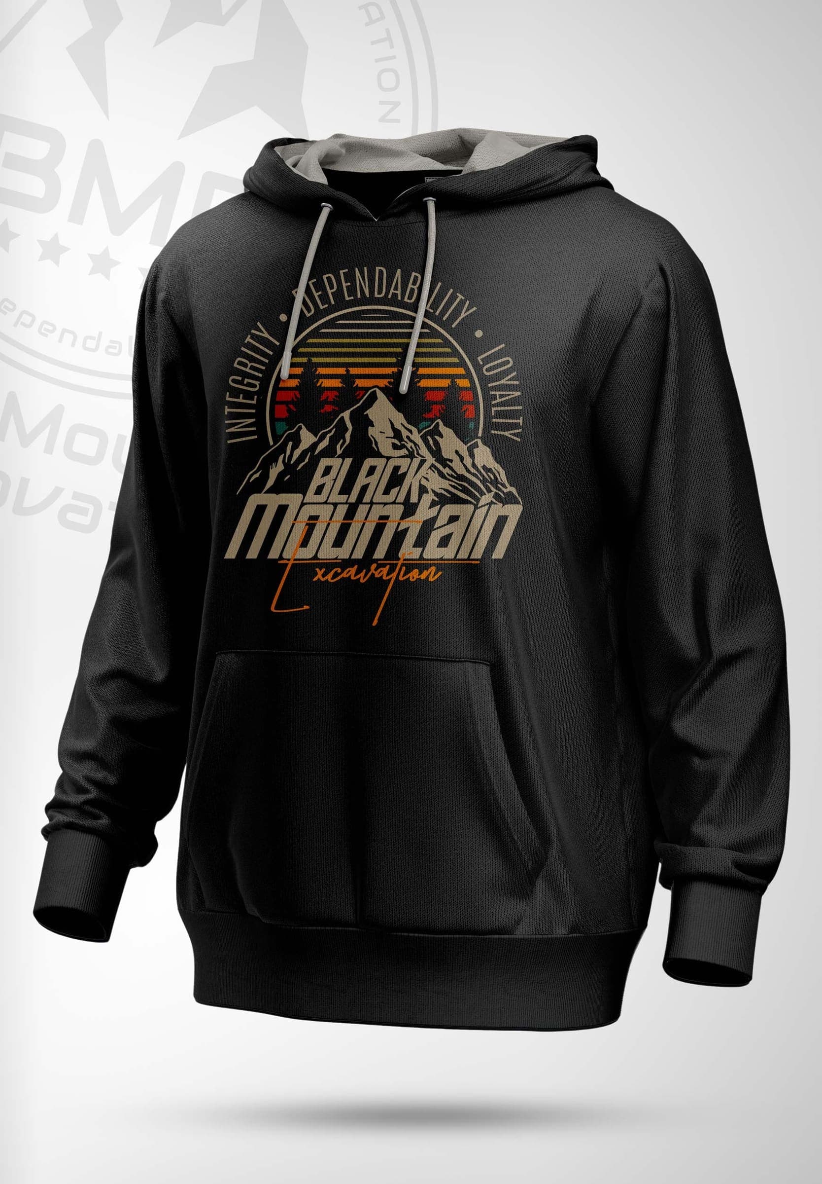 Black hoodie with a mountain sunset Black Mountain graphic