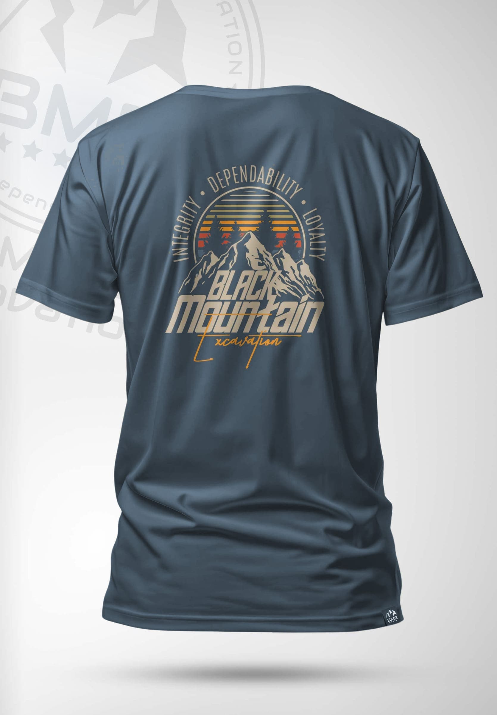 Blue t-shirt with a mountain sunset Black Mountain graphic on the back